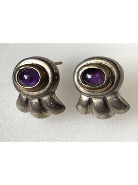 Signed Bayanihan 8.05g Sterling Silver 18k Gold Amethyst Modernist Post Earrings